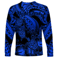 Personalised Polynesian Long Sleeve Shirt Tribal Honu Turtle with Hibiscus Blue Version LT14 - Polynesian Pride