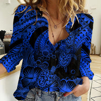 Personalised Polynesian Women Casual Shirt Tribal Honu Turtle with Hibiscus Blue Version LT14 Female Blue - Polynesian Pride