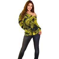 Personalised Polynesian Off Shoulder Sweater Tribal Honu Turtle with Hibiscus Gold Version LT14 - Polynesian Pride