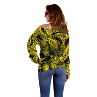 Personalised Polynesian Off Shoulder Sweater Tribal Honu Turtle with Hibiscus Gold Version LT14 - Polynesian Pride