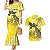 Bellbird New Zealand Couples Matching Mermaid Dress and Hawaiian Shirt Korimako Kowhai Maori Pattern LT14 Yellow - Polynesian Pride