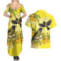 Bellbird New Zealand Couples Matching Summer Maxi Dress and Hawaiian Shirt Korimako Kowhai Maori Pattern LT14 - Polynesian Pride