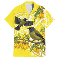 Bellbird New Zealand Family Matching Off Shoulder Maxi Dress and Hawaiian Shirt Korimako Kowhai Maori Pattern LT14 Dad's Shirt - Short Sleeve Yellow - Polynesian Pride