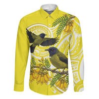 Bellbird New Zealand Family Matching Off Shoulder Short Dress and Hawaiian Shirt Korimako Kowhai Maori Pattern LT14 Dad's Shirt - Long Sleeve Yellow - Polynesian Pride