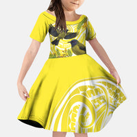 Bellbird New Zealand Family Matching Summer Maxi Dress and Hawaiian Shirt Korimako Kowhai Maori Pattern LT14 Daughter's Dress Yellow - Polynesian Pride