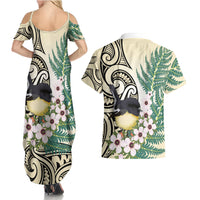 Endemic Tomtit New Zealand Couples Matching Summer Maxi Dress and Hawaiian Shirt Miromiro Manuka Silver Fern Maori Pattern LT14 - Polynesian Pride