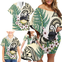 Endemic Tomtit New Zealand Family Matching Off Shoulder Short Dress and Hawaiian Shirt Miromiro Manuka Silver Fern Maori Pattern LT14 - Polynesian Pride