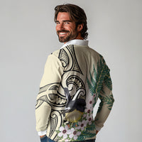 Endemic Tomtit New Zealand Long Sleeve Polo Shirt Miromiro Manuka Silver Fern Maori Pattern