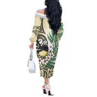Endemic Tomtit New Zealand Off The Shoulder Long Sleeve Dress Miromiro Manuka Silver Fern Maori Pattern