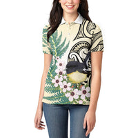 Endemic Tomtit New Zealand Women Polo Shirt Miromiro Manuka Silver Fern Maori Pattern