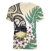 Endemic Tomtit New Zealand Women V-Neck T-Shirt Miromiro Manuka Silver Fern Maori Pattern LT14 - Polynesian Pride
