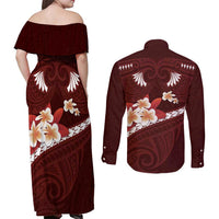 Oxblood Polynesia Couples Matching Off Shoulder Maxi Dress and Long Sleeve Button Shirt Tribal Pattern Tropical Frangipani