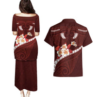 Oxblood Polynesia Couples Matching Puletasi and Hawaiian Shirt Tribal Pattern Tropical Frangipani
