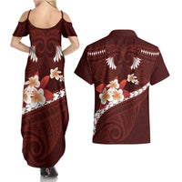 Oxblood Polynesia Couples Matching Summer Maxi Dress and Hawaiian Shirt Tribal Pattern Tropical Frangipani