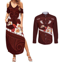 Oxblood Polynesia Couples Matching Summer Maxi Dress and Long Sleeve Button Shirt Tribal Pattern Tropical Frangipani