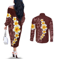 Oxblood Tropical Plumeria With Galaxy Polynesian Art Couples Matching Off The Shoulder Long Sleeve Dress and Long Sleeve Button Shirt