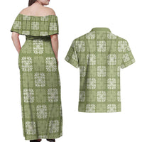 Vesuvian Green Palaka Quilt Hawaii Couples Matching Off Shoulder Maxi Dress and Hawaiian Shirt Traditional Hawaii-plaid Pattern - Polynesian Pride