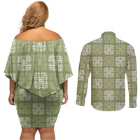 Vesuvian Green Palaka Quilt Hawaii Couples Matching Off Shoulder Short Dress and Long Sleeve Button Shirt Traditional Hawaii-plaid Pattern - Polynesian Pride