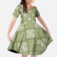 Vesuvian Green Palaka Quilt Hawaii Family Matching Short Sleeve Bodycon Dress and Hawaiian Shirt Traditional Hawaii-plaid Pattern LT14 Daughter's Dress Vesuvian Green - Polynesian Pride
