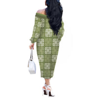 Vesuvian Green Palaka Quilt Hawaii Off The Shoulder Long Sleeve Dress Traditional Hawaii-plaid Pattern - Polynesian Pride