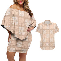 Beige Palaka Quilt Hawaii Couples Matching Off Shoulder Short Dress and Hawaiian Shirt Traditional Hawaii-plaid Pattern - Polynesian Pride