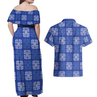 Royal Blue Palaka Quilt Hawaii Couples Matching Off Shoulder Maxi Dress and Hawaiian Shirt Traditional Hawaii-plaid Pattern - Polynesian Pride