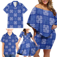 Royal Blue Palaka Quilt Hawaii Family Matching Off Shoulder Short Dress and Hawaiian Shirt Traditional Hawaii-plaid Pattern - Polynesian Pride