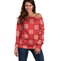 Red Palaka Quilt Hawaii Off Shoulder Sweater Traditional Hawaii-plaid Pattern - Polynesian Pride