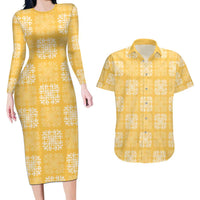 Yellow Palaka Quilt Hawaii Couples Matching Long Sleeve Bodycon Dress and Hawaiian Shirt Traditional Hawaii-plaid Pattern - Polynesian Pride