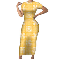 Yellow Palaka Quilt Hawaii Family Matching Short Sleeve Bodycon Dress and Hawaiian Shirt Traditional Hawaii-plaid Pattern LT14 Mom's Dress Yellow - Polynesian Pride