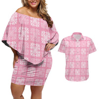 Pink Palaka Quilt Hawaii Couples Matching Off Shoulder Short Dress and Hawaiian Shirt Traditional Hawaii-plaid Pattern - Polynesian Pride