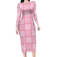 Pink Palaka Quilt Hawaii Long Sleeve Bodycon Dress Traditional Hawaii-plaid Pattern - Polynesian Pride