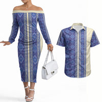 Mabuhay Philippines Festival Couples Matching Off The Shoulder Long Sleeve Dress and Hawaiian Shirt Yakan Modern Filipiniana Inspired LT14 Blue - Polynesian Pride