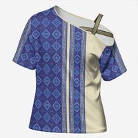 Mabuhay Philippines Festival Cross Shoulder Shirt Yakan Modern Filipiniana Inspired LT14 Female Blue - Polynesian Pride