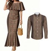 Mabuhay Philippines Festival Couples Matching Mermaid Dress and Long Sleeve Button Shirt Tnalak Modern Filipiniana Inspired LT14 Brown - Polynesian Pride