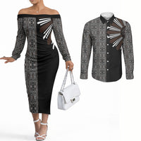 Mabuhay Philippines Festival Couples Matching Off The Shoulder Long Sleeve Dress and Long Sleeve Button Shirt Araw Tnalak Modern Filipiniana Inspired LT14 Black - Polynesian Pride