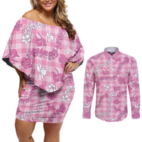 Alaka Aloha Hawaii Couples Matching Off Shoulder Short Dress and Long Sleeve Button Shirt Plumeria Lei With Palaka Motif - Polynesian Pride