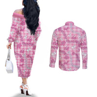 Alaka Aloha Hawaii Couples Matching Off The Shoulder Long Sleeve Dress and Long Sleeve Button Shirt Plumeria Lei With Palaka Motif LT14 - Polynesian Pride