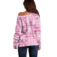Alaka Aloha Hawaii Off Shoulder Sweater Plumeria Lei With Palaka Motif - Polynesian Pride