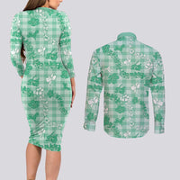 Omaomao Aloha Hawaii Couples Matching Long Sleeve Bodycon Dress and Long Sleeve Button Shirt Plumeria Lei With Palaka Motif LT14 - Polynesian Pride