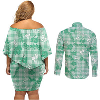 Omaomao Aloha Hawaii Couples Matching Off Shoulder Short Dress and Long Sleeve Button Shirt Plumeria Lei With Palaka Motif LT14 - Polynesian Pride