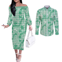 Omaomao Aloha Hawaii Couples Matching Off The Shoulder Long Sleeve Dress and Long Sleeve Button Shirt Plumeria Lei With Palaka Motif LT14 Green - Polynesian Pride
