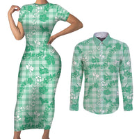 Omaomao Aloha Hawaii Couples Matching Short Sleeve Bodycon Dress and Long Sleeve Button Shirt Plumeria Lei With Palaka Motif LT14 Green - Polynesian Pride