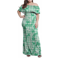 Omaomao Aloha Hawaii Family Matching Off Shoulder Maxi Dress and Hawaiian Shirt Plumeria Lei With Palaka Motif LT14 Mom's Dress Green - Polynesian Pride