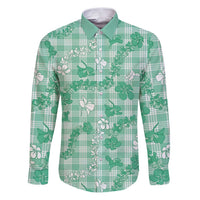Omaomao Aloha Hawaii Family Matching Puletasi and Hawaiian Shirt Plumeria Lei With Palaka Motif LT14 Dad's Shirt - Long Sleeve Green - Polynesian Pride