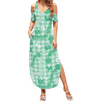 Omaomao Aloha Hawaii Family Matching Summer Maxi Dress and Hawaiian Shirt Plumeria Lei With Palaka Motif LT14 Mom's Dress Green - Polynesian Pride