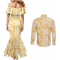 Melemele Aloha Hawaii Couples Matching Mermaid Dress and Long Sleeve Button Shirt Plumeria Lei With Palaka Motif LT14 - Polynesian Pride
