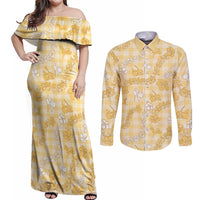 Melemele Aloha Hawaii Couples Matching Off Shoulder Maxi Dress and Long Sleeve Button Shirt Plumeria Lei With Palaka Motif LT14 Yellow - Polynesian Pride