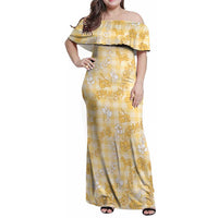 Melemele Aloha Hawaii Family Matching Off Shoulder Maxi Dress and Hawaiian Shirt Plumeria Lei With Palaka Motif - Polynesian Pride