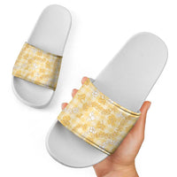 Melemele Aloha Hawaii Slide Sandals Plumeria Lei With Palaka Motif - Polynesian Pride